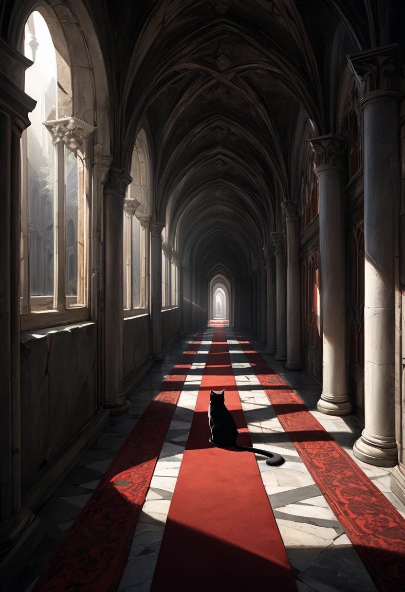 Surrealism, work of art, 8K quality, "endless corridor", perspective, converging to a single point, feeling of endless length, a long corridor in a medieval church, a corridor with gray-white marble columns and a red carpet, sunlight streaming in from the garden in places, a black cat sitting far ahead, there is only one cat, it is unrealistic but the corridor is depicted as continuing on forever.