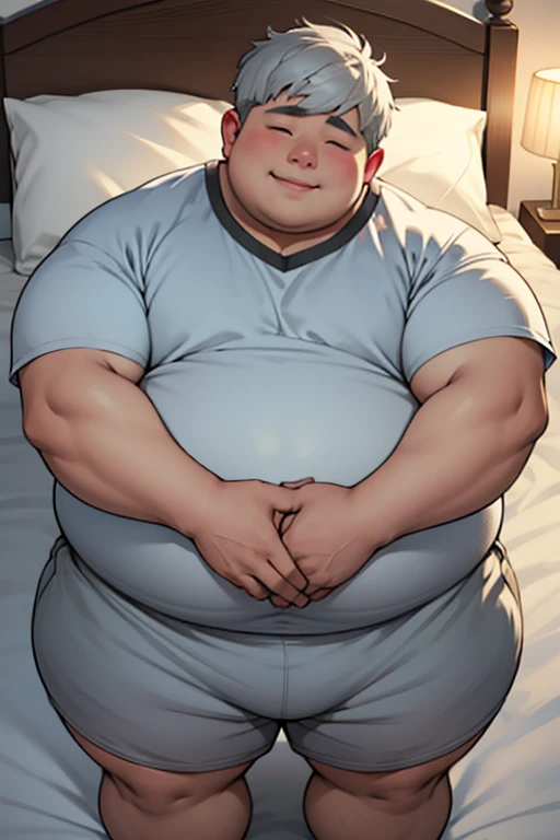 Anthro dragon with red fur and a beige underbelly, white mane, big white beard, orange eyes, black horns and claws, large, not muscular, overweight, fat, big belly, belly, giant belly, bloated belly, bulging belly, vore, gurgling belly, digesting, green gurgle lines around belly. Lazy, dad, daddy, dilf, bara, adult, aroused. Laying in bed, sleeping. Wearing white tank top, black underwear with bulge, glasses, tail. Night time, midnight, cozy lights, appartment, lofi.