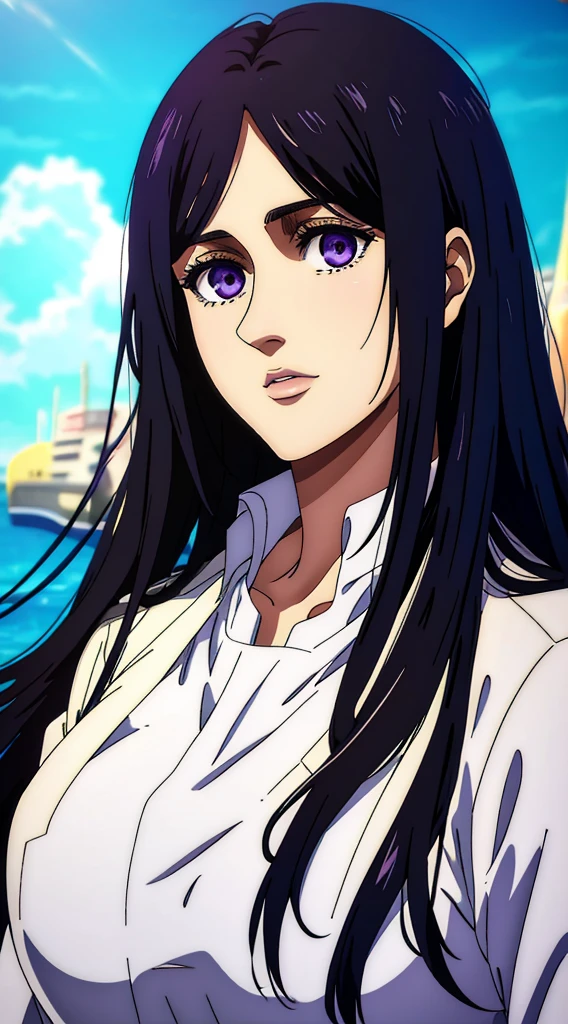 (masterpiece:1.2, best quality), photorealistic, (hyperrealistic:1.2), beautiful, woman from AOT but with long black hair, she's a doctor , Mappa style ، smiling , she got frieda Reiss purple eyes ، very beautiful, long hair , she wears an white cocktail dress, long white dress, her eyes turned to purple and got white in it ,her face looked shocked, she looks scared, she's in love , her face tells that she's in love