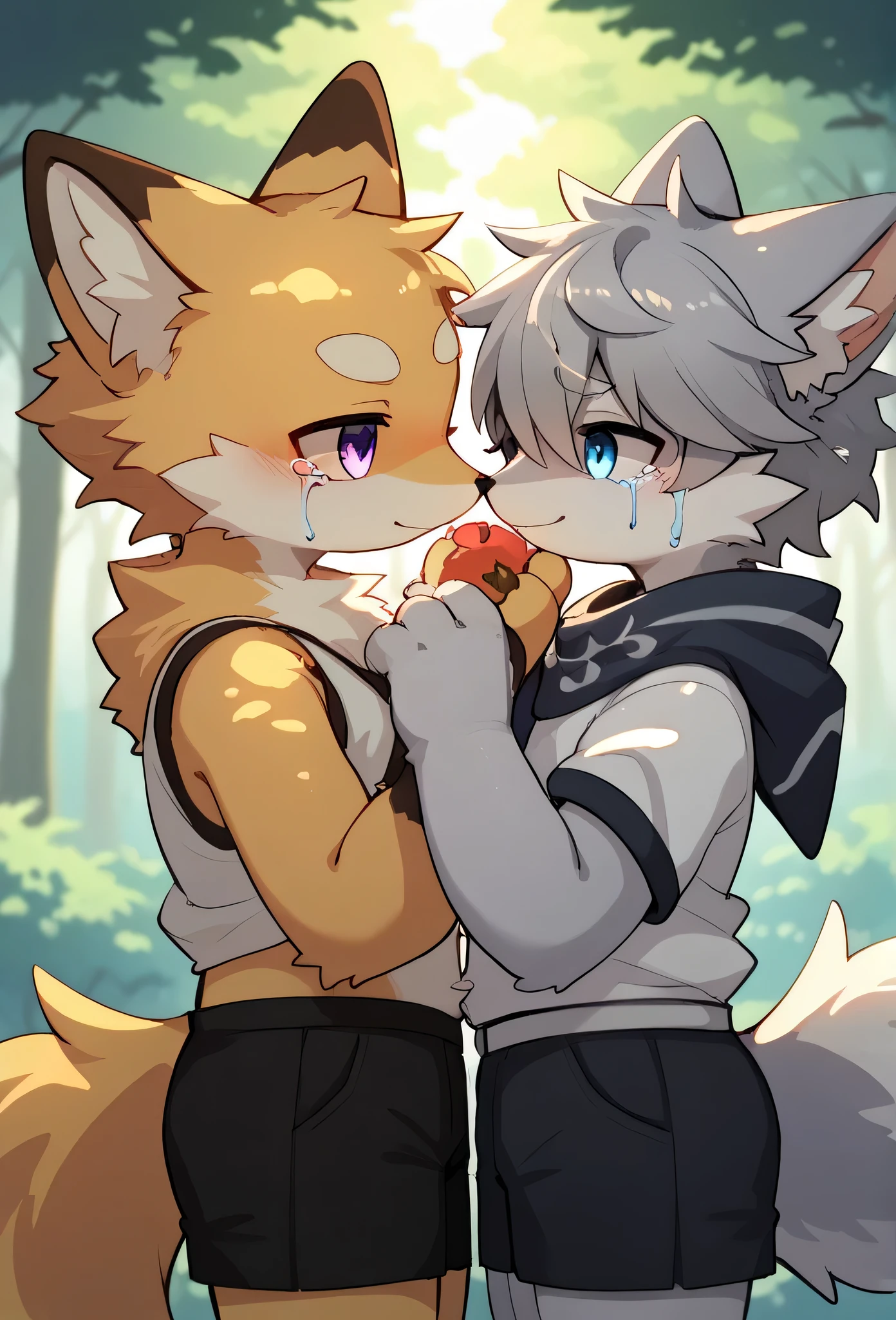 Furry couple, a young male fox with golden fur and a female wolf with silver fur,passionately kissing under the moonlight. Both characters have expressive eyes and are wearing, crying a lot,Crying a lot the background is a serene gray hoodie, black shorts,boy with gray hair,forest clearing illuminated by soft moonlight and glowing fireflies. Art style: anime, soft lighting, highly detailed, romantic atmosphere. Best quality, ultra-detailed, 4K resolution.
