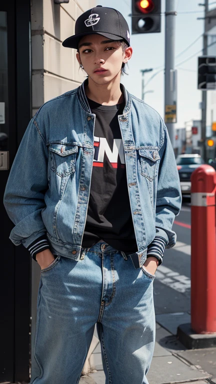 Young twelve year old boy, blue eyes, messy blonde hair, jacket with white collar, dark blue works and the rest orange https://static.wikia.nocookie.net/naruto/images/d/df/Naruto_-_12_anos_%28Render% 29.png/revision/latest/scale-to-width-down/250?cb=20190601002659&path-prefix=en white turtleneck jaquat with blue works and the rest is orange