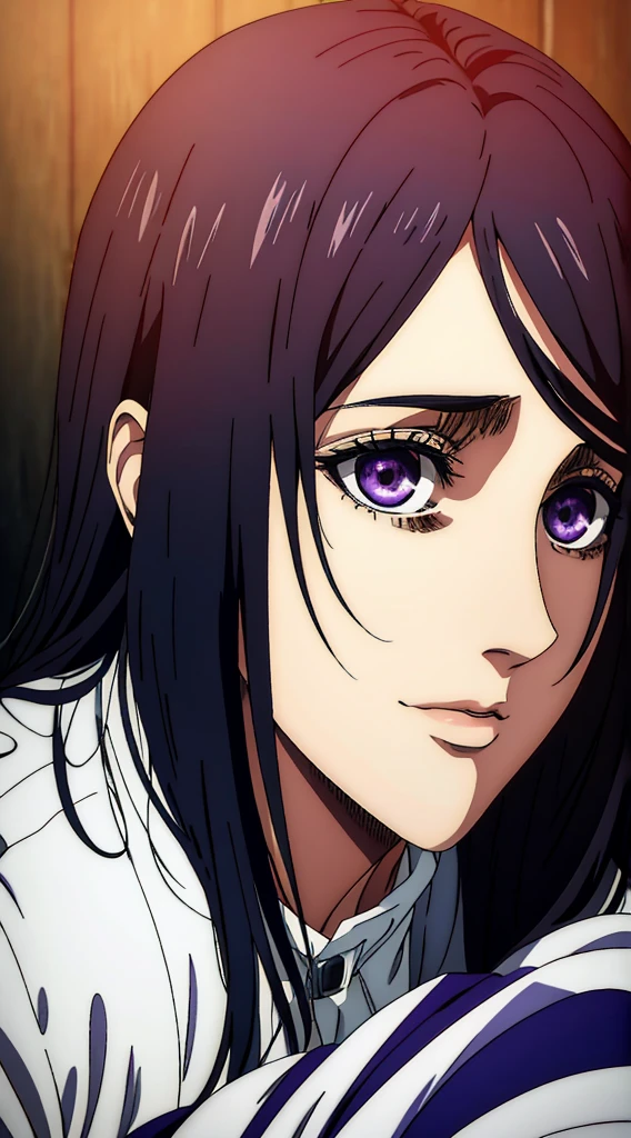 (masterpiece:1.2, best quality), photorealistic, (hyperrealistic:1.2), beautiful, woman from AOT but with long black hair, she's a doctor , Mappa style ، smiling , she got frieda Reiss purple eyes ، very beautiful, long hair , she wears an white cocktail dress, long white dress, her eyes turned to purple and got white in it ,her face looked shocked, she looks scared, she's in love , her face tells that she's in love, she's kissing Levi Ackerman from attack on titan 