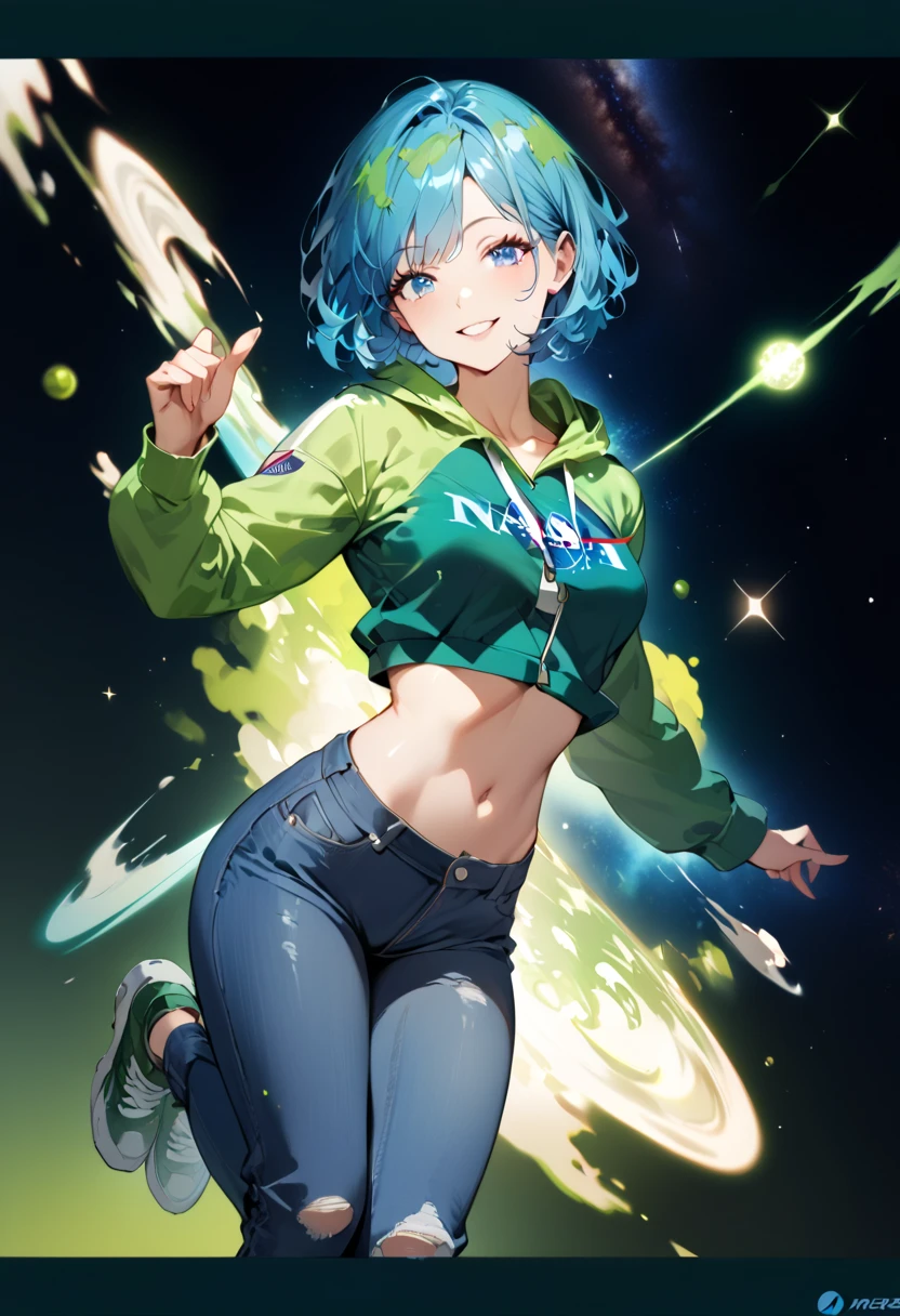 (best quality), (high detailed), (perfect body), (perfect face), one girl, asian, smile, short hair, blue eyes, blue hair, medium breasts, opened-zip green color hoodie, white shirt, NASA logo, long jeans, green trainers, galaxy background