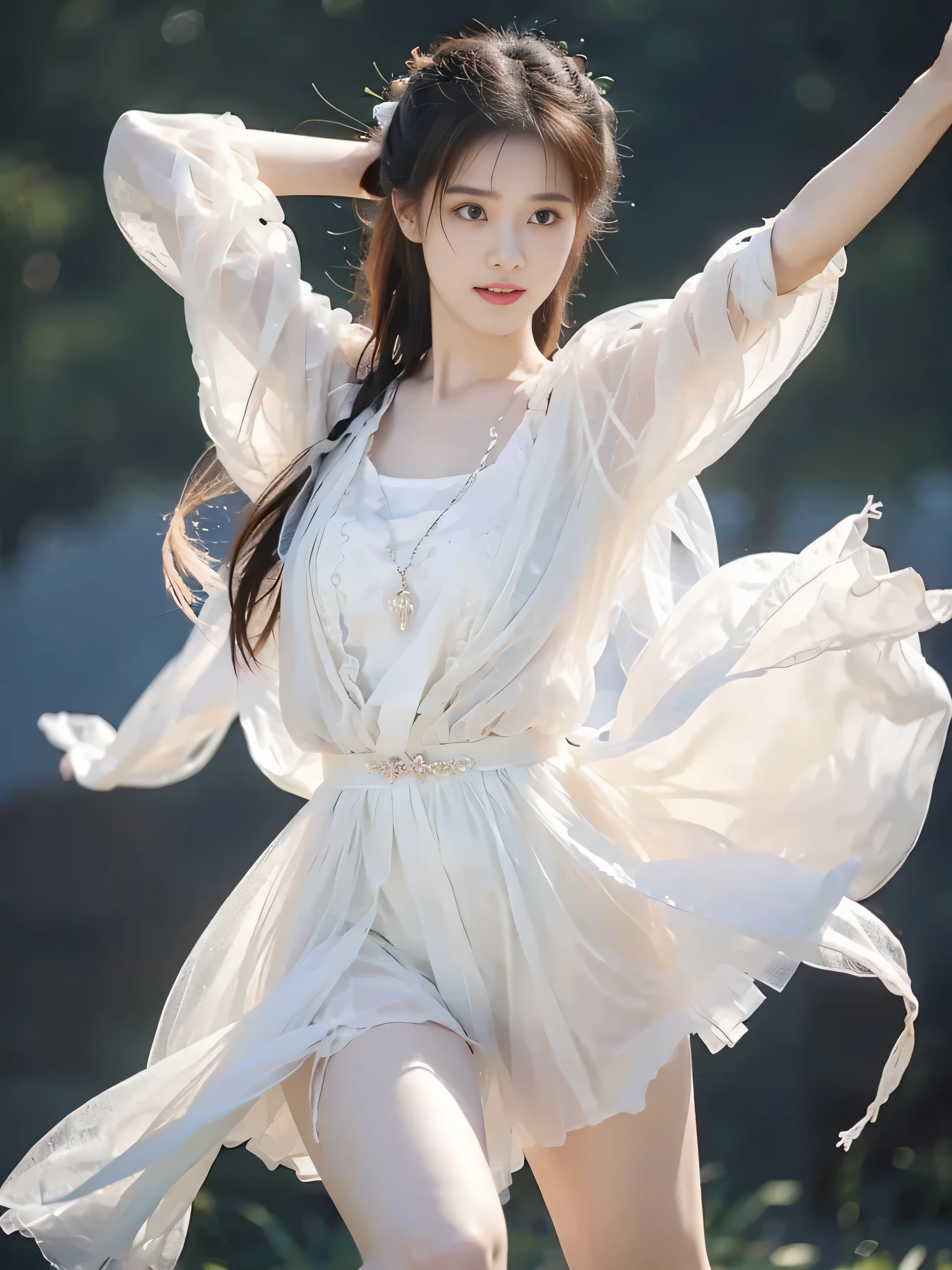 A beautiful girl is dancing， on dark background ，Sexy，make a fist