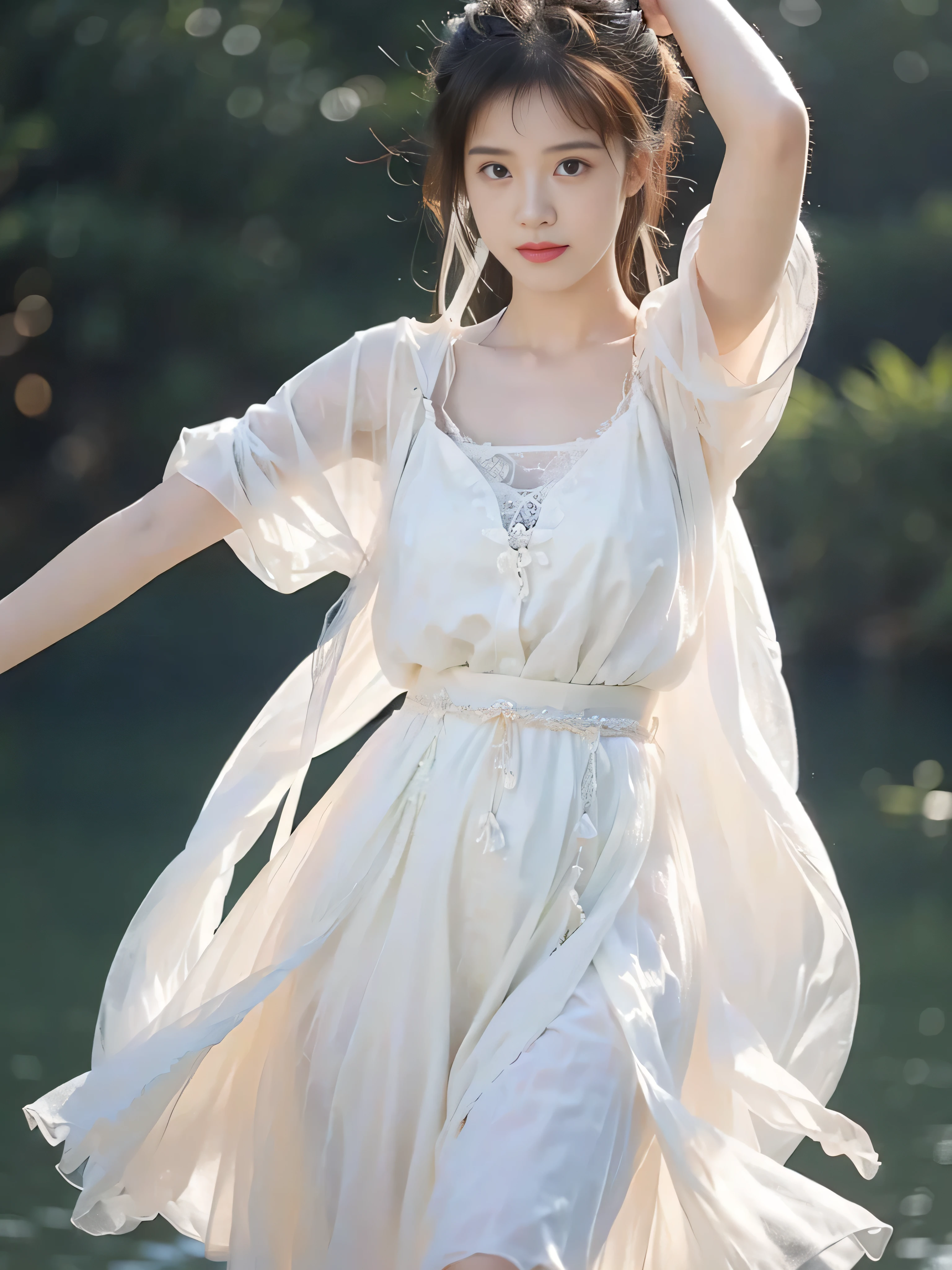 A beautiful girl is dancing， on dark background ，Sexy，make a fist