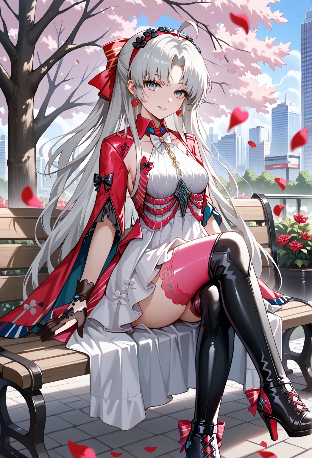 masterpiece,best quality,absurdres, amazing quality, shiny skin,
tokyo \(city\), park, cherry blossoms, falling petals, cowboy shot, smile, looking at viewer, sitting, park bench, on bench, crossed legs, 
carlottailvp, 1girl, long hair, dress, parted bangs, grey hair, gloves, black gloves, ahoge, white hair, white dress, jewelry, bow, earrings, blue eyes, hair bow, thighhighs, medium breasts, (black flowers hairband), very long hair, (red hairband), grey eyes, multicolored eyes, thigh boots, pink thighhighs, thighhighs under boots, high heel boots,