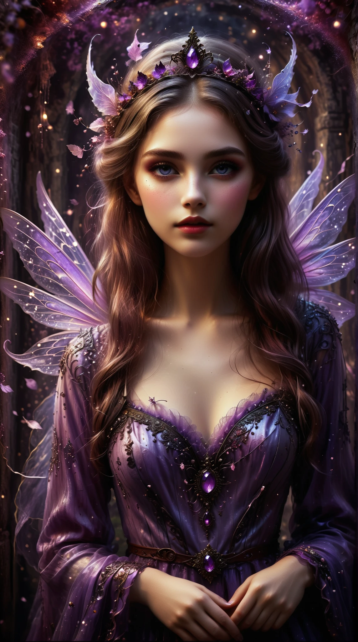  A Beautiful Princess from the Fairy Family：Fairy Blood ，18 years old ， flowing hair ，painting， Beautiful Flawless Face ， Elegant Leather Face ， Light Purple and Purple Embellished ， Added Dark Red ， Complicated details ， Magical Portrait ，8k resolution， charming eyes ， Mysterious Magic Background 