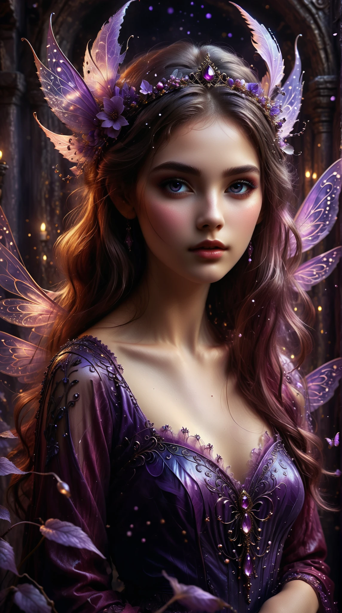  A Beautiful Princess from the Fairy Family：Fairy Blood ，18 years old ， flowing hair ，painting， Beautiful Flawless Face ， Elegant Leather Face ， Light Purple and Purple Embellished ， Added Dark Red ， Complicated details ， Magical Portrait ，8k resolution， charming eyes ， Mysterious Magic Background 