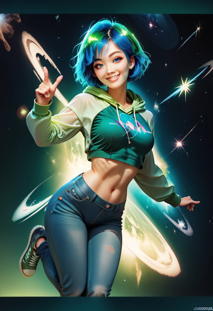 (best quality), (high detailed), (perfect body), (perfect face), one girl, asian, smile, short hair, blue eyes, blue hair, medium breasts, opened-zip green color hoodie, white shirt, NASA logo, long jeans, green trainers, galaxy background