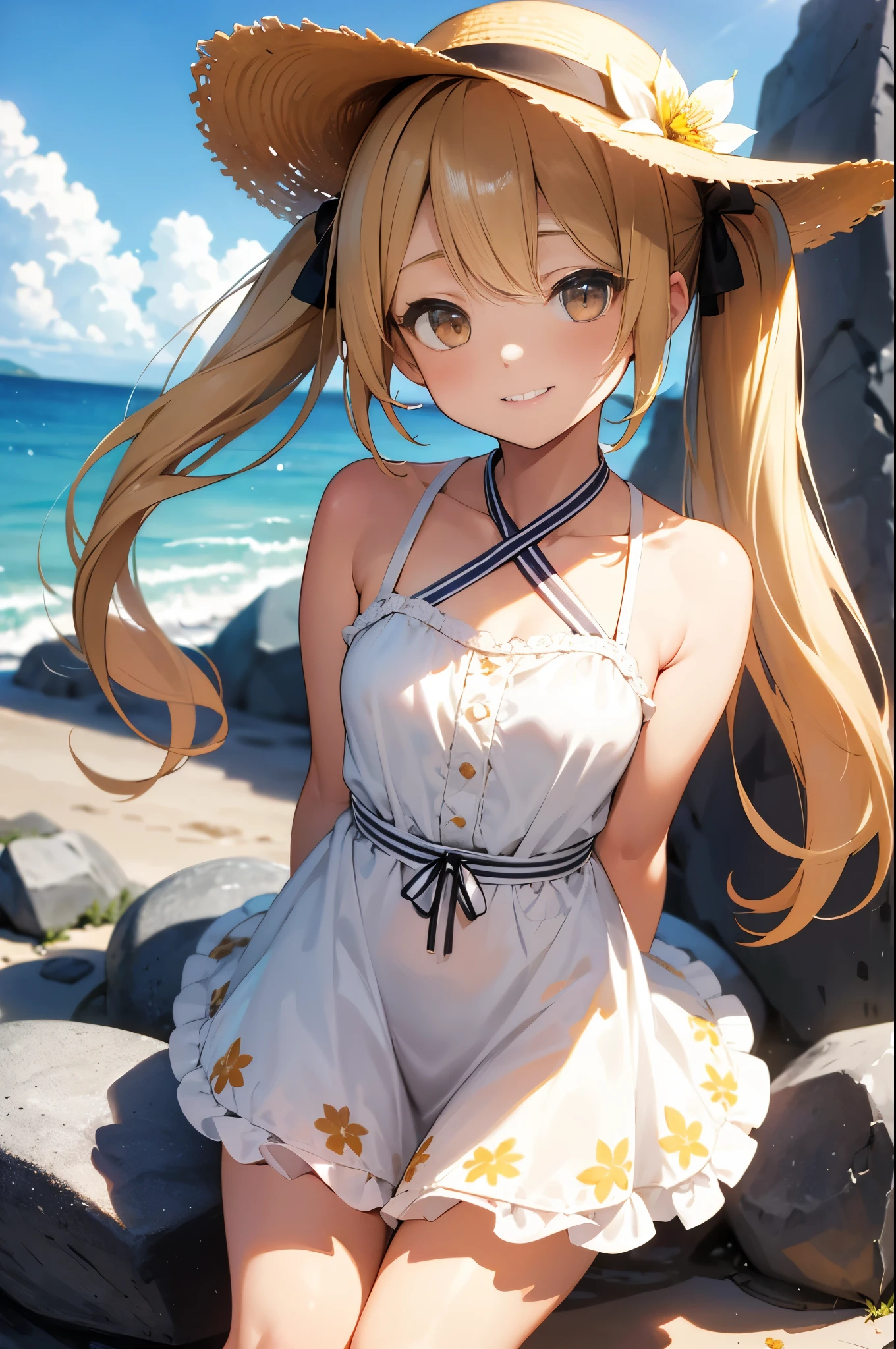 femele,１Child 0  old,Golden head hair,wide open legs,half squatting,maikurobikini,Side Up Ponytail,Blue eyes,Mansuji,A smile,Facing the front,  are see-through,