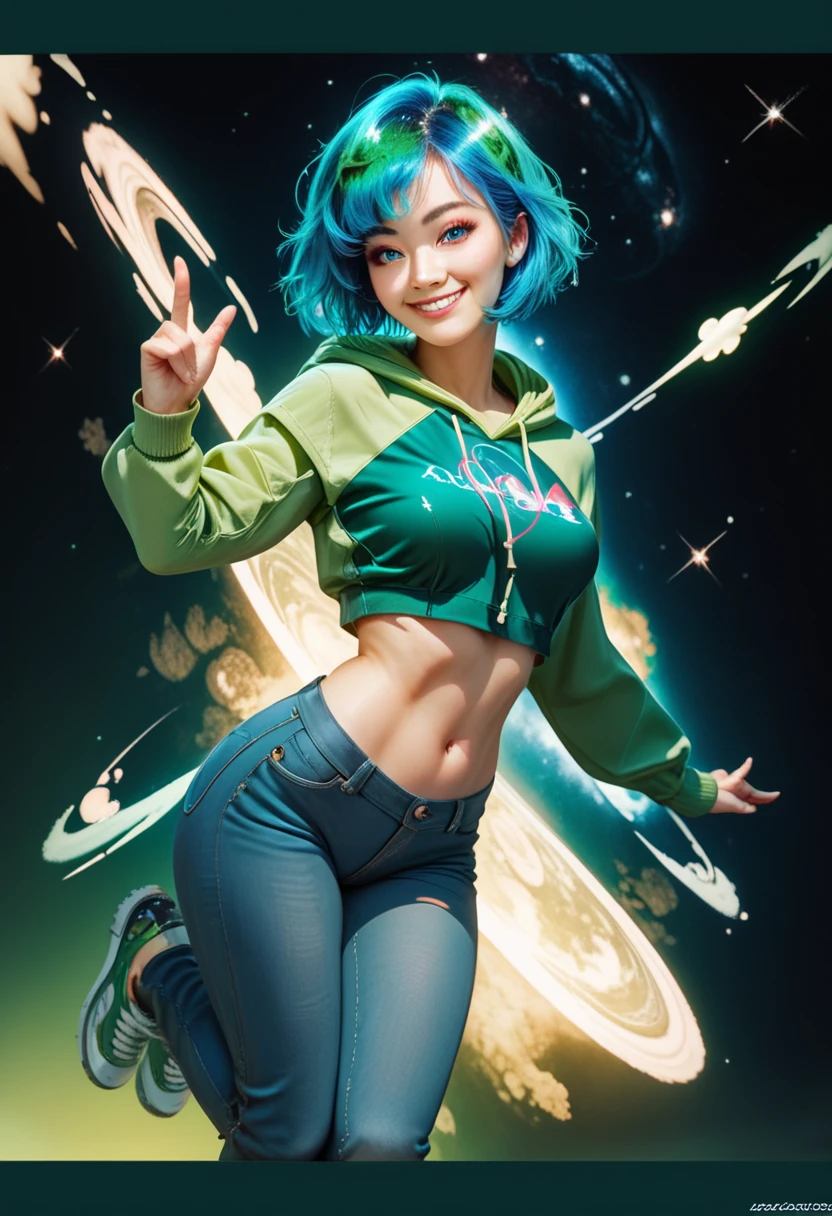 (best quality), (high detailed), (perfect body), (perfect face), one girl, asian, smile, short hair, blue eyes, blue hair, medium breasts, opened-zip green color hoodie, white shirt, NASA logo, long jeans, green trainers, galaxy background