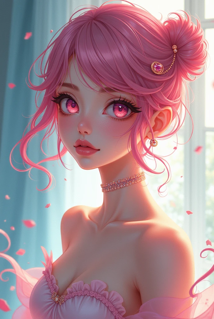 Convert your flower art into a hand-drawn illustration.、Create backgrounds with vibrant colors and unique touches　The type of flower is statice、Gypsophila、sweet pea、Mix in some lace flowers, (arms down), portrait, face portrait, big breasts, cleavage, pink hair, aqua eyes, twin tails, 