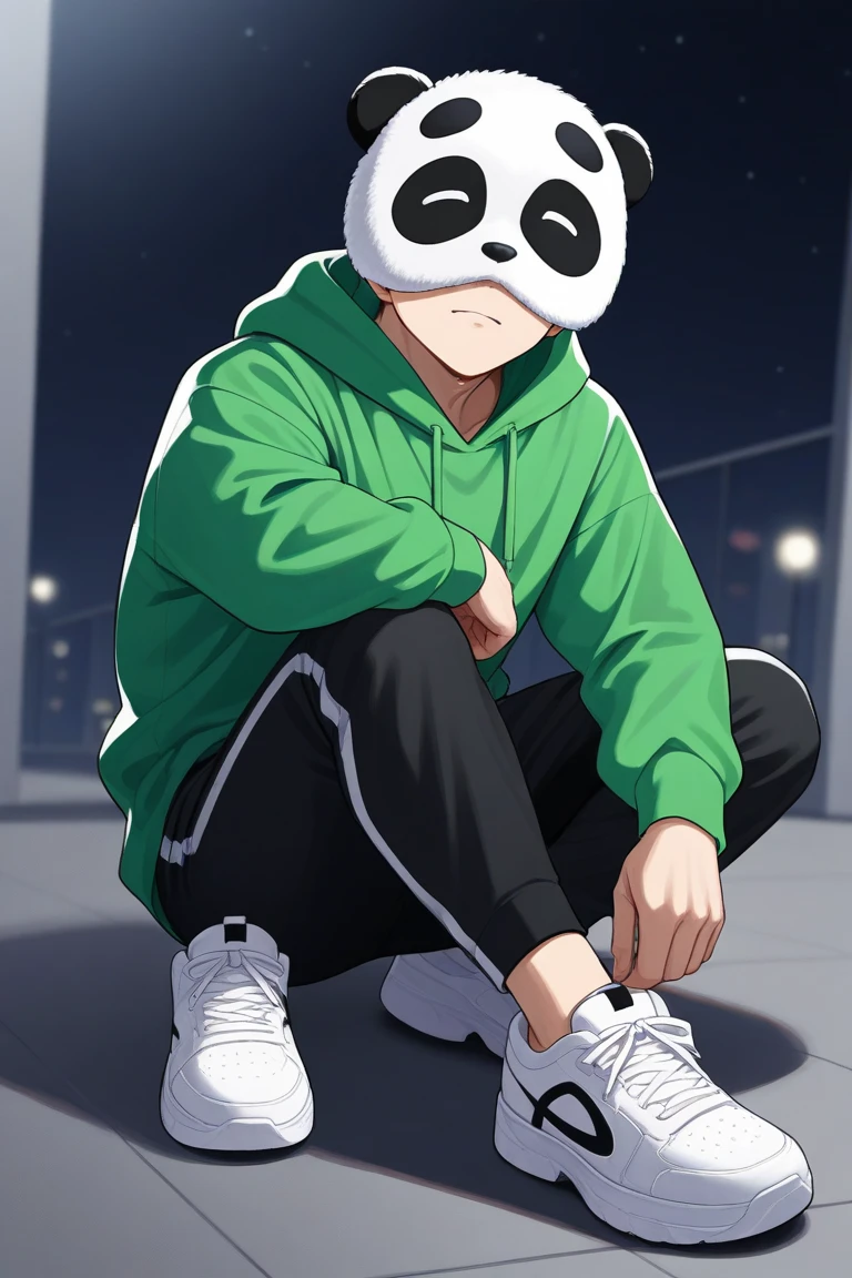 man wearing panda mask green hoodie black pants white shoes