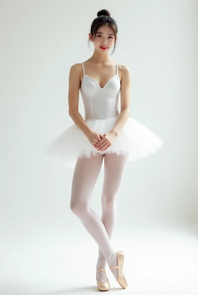  female, dark hair, white tutu, , elegance, indoor, natural light,gracefulness, young adult, serene expression, white room, sunlight