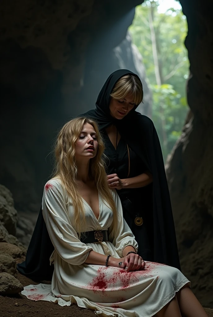 Cadre: cave sombre avec sur une table des instruments de torture.
Femme 1 : elle est assise elle a les cheveux lisse châtain clair et mi long sa robe blanche est salle avec des goutte de sang elle a des menottes aux poignets et sur son visage elle souffre.
Femme 2: elle a les cheveux mi longs bouclee et blonds elle a cinquante ans environ. Elle porte une cape noir Elle menace une jeune femme avec un athamé elle a un sourire satosfait.
