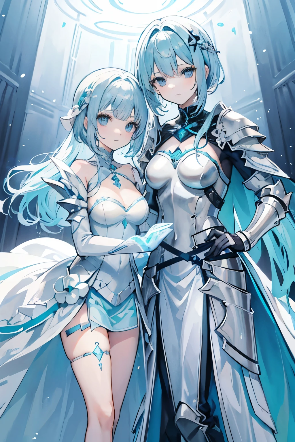 A woman with teal-eyed light blue hair (Wavy Medium Bob)A woman with knight armor ( is posing wearing white silver and light blue decorations )Posing while wearing