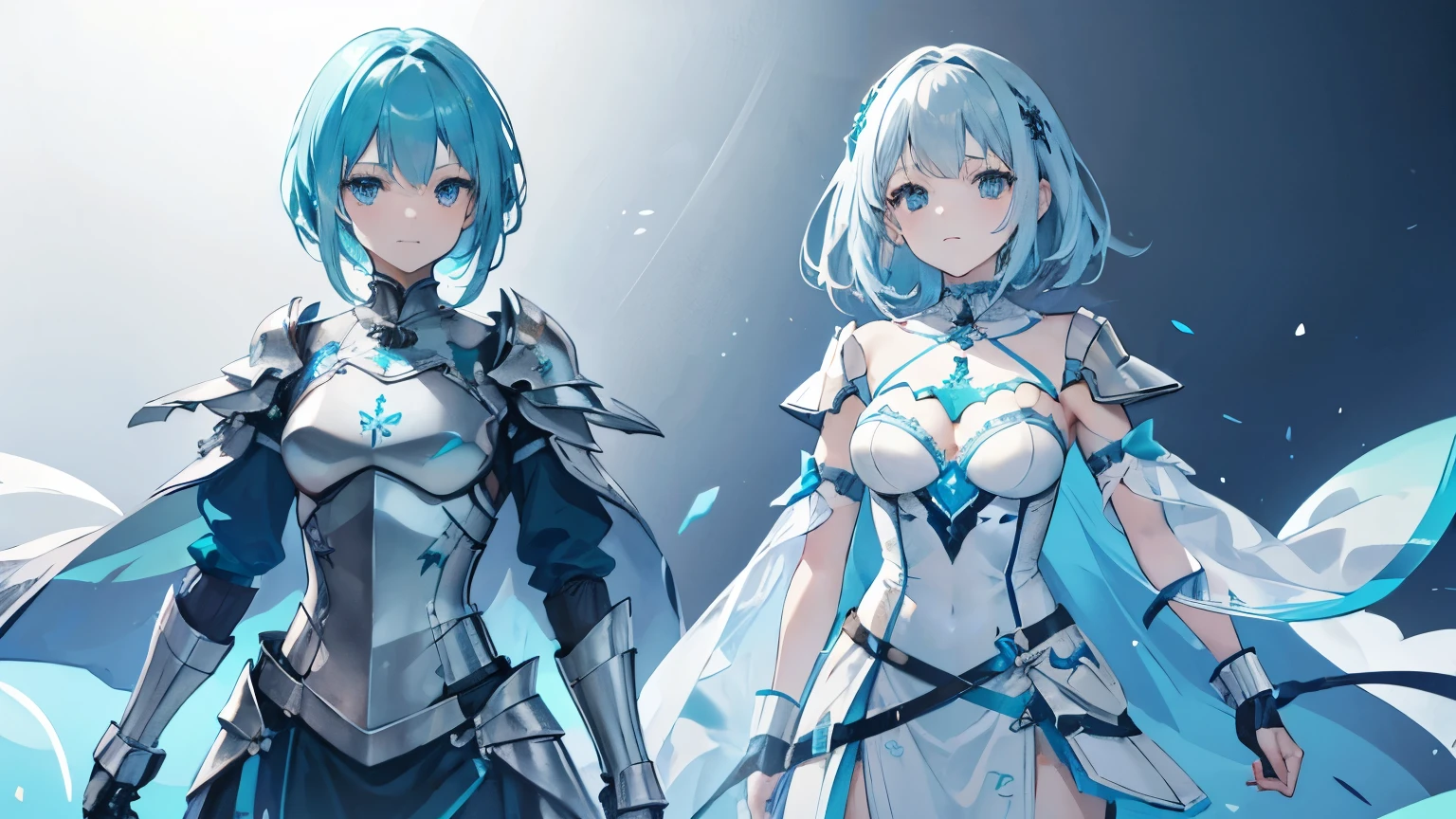 A woman with teal-eyed light blue hair (Wavy Medium Bob)A woman with knight armor ( is posing wearing white silver and light blue decorations )Posing while wearing