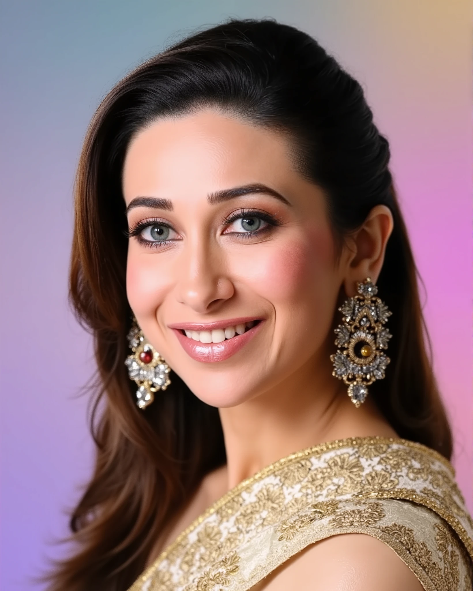 headshot photo of Karisma Kapoor woman,candid photo with natural colors, grinning expression on face,studio quality, wearing intricate conservative sleeveless Ivory Banarasi Silk Saree, straight hair, pastel shaded multicolored background, cinematic soft lighting