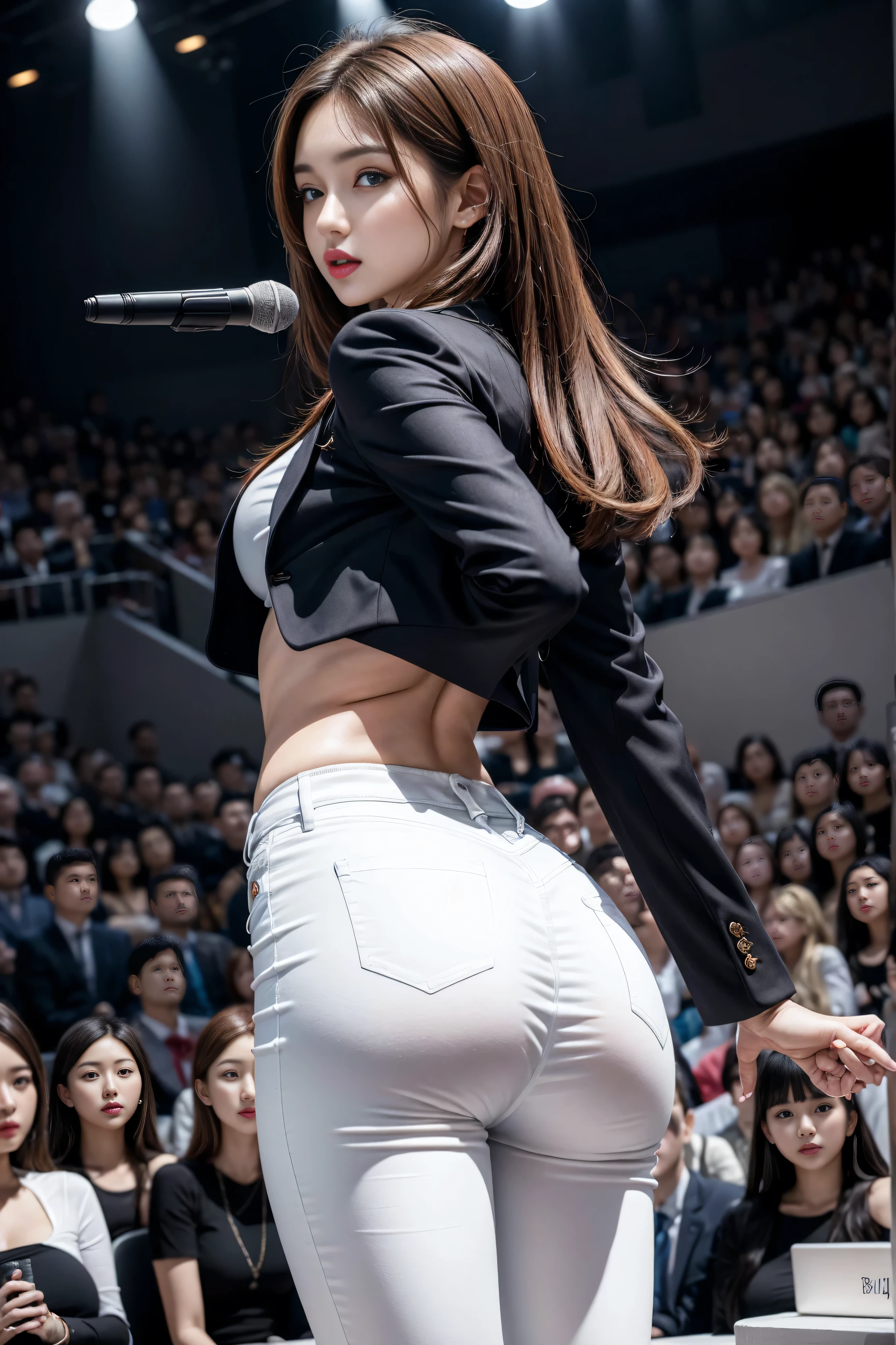 (8k,best quality,masterpiece,practical,super detailed:1.3),(1 girl,beautiful korean girl, kpop idol),(black suit jacket:1.2),(White skinny trousers:1.1),(serious expression:1.2)discuss,(speech,handheld microphone:1.2)(crowd,audience:1.3),Sexy long legs, (thigh gap:1.5),wide hips,S-shaped body, Buttocks raised,,black hair,(ass focus:1.1)shot from behind