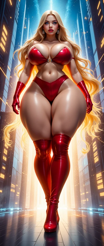 tmasterpiece， top-quality， Best quality at best， offcial art， Beauty and aesthetics， anime big breast， 1girll，  The is very detailed， rich colourful， More detailed （（ultra - detailed））， （Highly detailed CG illustration），  golden hair，  long whitr hair， （focus on the character）， Red leather pants， red leotard，Jumpsuit heels --auto