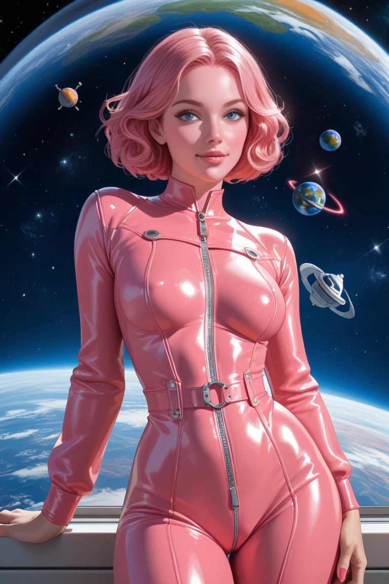 score_9, score_8_up, score_7_up, score_6_up, score_5_up, score_4_up, bright colors, high contrast, vivid lighting, A sexy beautiful  Alabaster-Pink skinned woman on a spacewalk on Saturn's Rings. with a small hover robot. She has Cropped  hair and an oxygen bubble around her head. Planets and space scenes in background.  She has Alabaster-Pink  Skin. ((Alabaster-Pink  skin)),  Wearing a sexy tight (((leather jumpsuit)))..