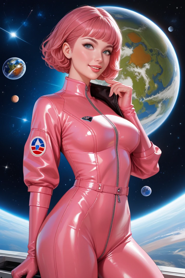 score_9, score_8_up, score_7_up, score_6_up, score_5_up, score_4_up, bright colors, high contrast, vivid lighting, A sexy beautiful  Alabaster-Pink skinned woman on a spacewalk on Saturn's Rings. with a small hover robot. She has Cropped  hair and an oxygen bubble around her head. Planets and space scenes in background.  She has Alabaster-Pink  Skin. ((Alabaster-Pink  skin)),  Wearing a sexy tight (((leather jumpsuit)))..