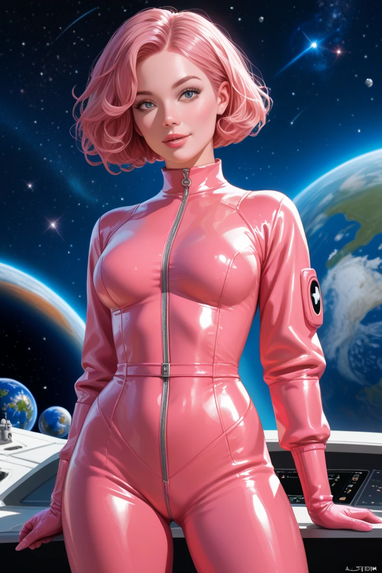 score_9, score_8_up, score_7_up, score_6_up, score_5_up, score_4_up, bright colors, high contrast, vivid lighting, A sexy beautiful  Alabaster-Pink skinned woman on a spacewalk on Saturn's Rings. with a small hover robot. She has Cropped  hair and an oxygen bubble around her head. Planets and space scenes in background.  She has Alabaster-Pink  Skin. ((Alabaster-Pink  skin)),  Wearing a sexy tight (((leather jumpsuit)))..