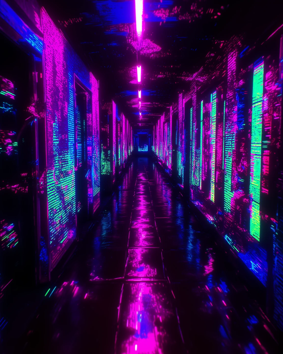 Endless corridors, Hotel corridor with many doors, RGB Color Shift, chromatic aberration, RGB Shift, Video Glitch Photo Effect, Color Noise Texture, Video-like noise processing. Surreal. Romantic Retro Pop Background, vaporwave style. holographic, vhs glitch, rainbow highlights, 
Glitch art background. in style,  dreams art. in a neon-lit NLSTN anime style, ascii art