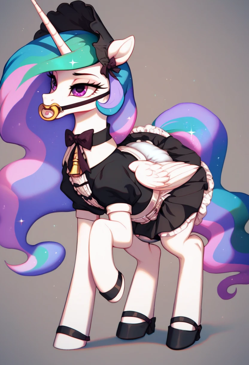 alicorn pony alone ,  on two hooves , Princess Celestia,  on top of them, most of the mane is wrapped in a dark light bonnet with white trim on the edges , there is a small pigtail on the back with two bows ,  purple eyes , stands on four hooves ,  wide open back hooves ,  dressed in an ornate formal black and white maid outfit with ruffles and ruffles and a short skirt,  on the neck there is a steel collar with a purple tint and a bell ,  white stockings and black booties over hoof socks ,  big white pacifier mouth gag with straps , thick diaper under clothes,  black plastic panties with a white steel belt , solo,  simple background.