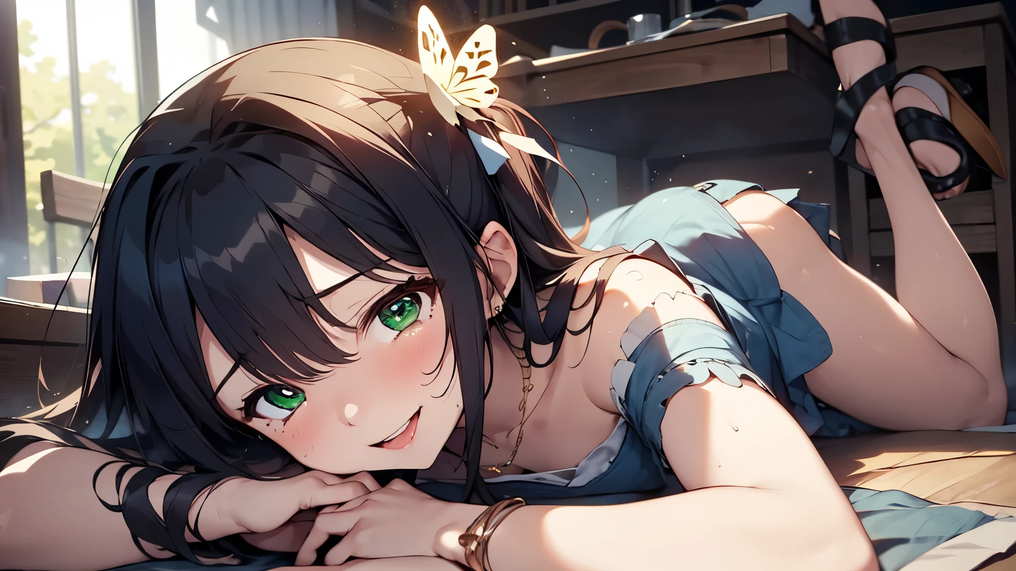 CG, Unity, 8k, wallpaper, (masterpiece), ( top quality),( from the side 1 girl :1.3),Best lighting, Complex pupil, Complex weaving, detailed background, Park, evening , sunny, upper body, touch , smile, slender, Smooth Skin, green eyes, white blouse, denim skirt, Sandals, necklace, (flower, butterfly , Sunbeam),