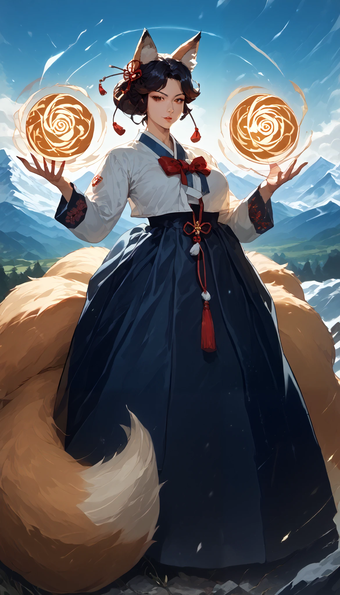 (masterpiece,  best quality :1.2), 1 woman,  alone, Gumiho, 여자 Gumiho,  Korean girl, Fox ears, fox tail, Hanbok,  dark hair, In the mountains, ( huge boobs ), magic