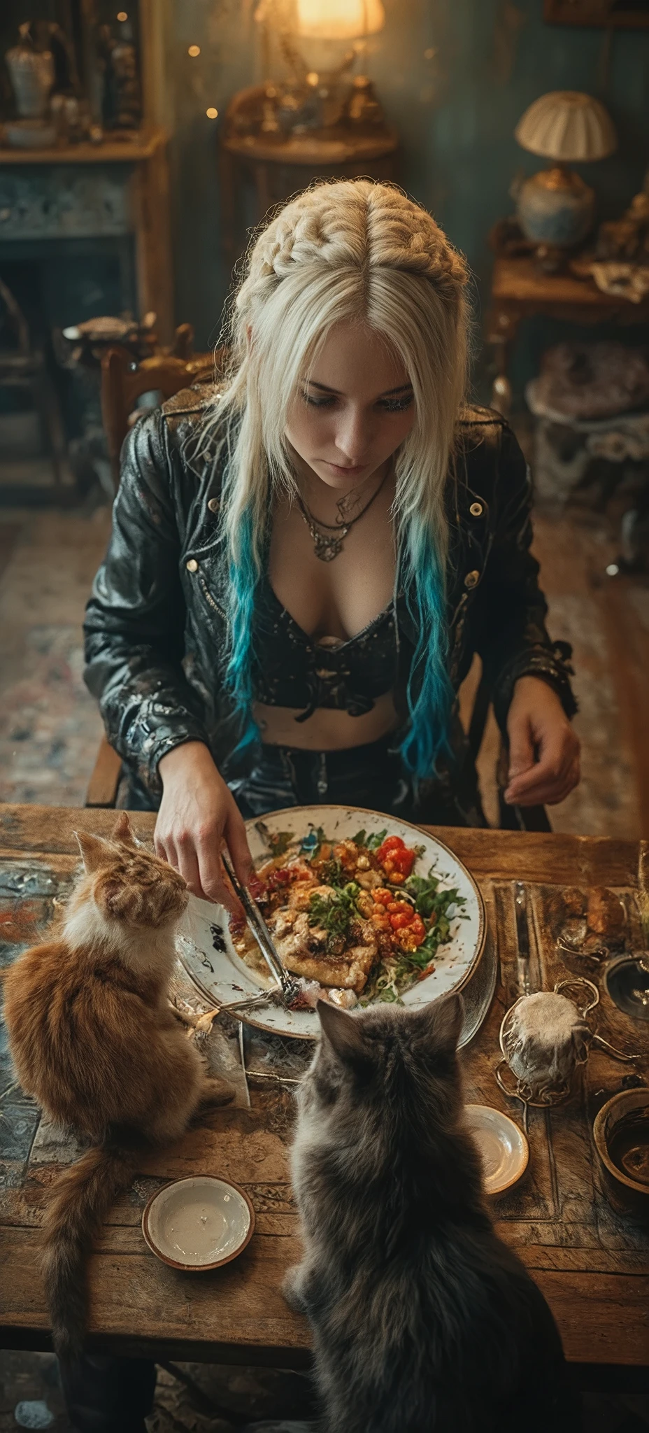 (best quality, masterpiece), 1girl, (white-blue long braided hair:1.3), wearing (punk-pop outfit:1.2), dining with (two cats:1.3), (overhead angle:1.4), warm ambient lighting, highly detailed dining table, realistic room interior, cinematic composition