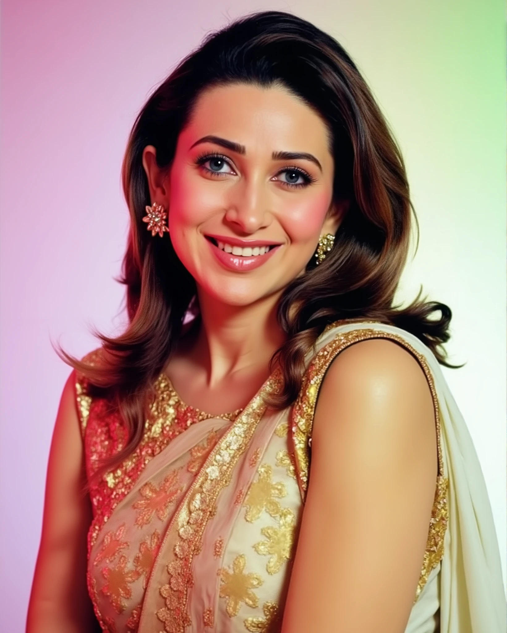 headshot photo of Karisma Kapoor woman,candid photo with natural colors, grinning expression on face,studio quality, wearing intricate conservative sleeveless Ivory Banarasi Silk Saree, straight hair, pastel shaded multicolored background, cinematic soft lighting