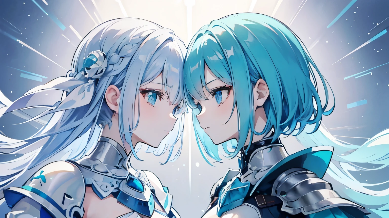 A woman with teal-eyed light blue hair (Wavy Medium Bob)A woman with knight armor ( is posing wearing white silver and light blue decorations )Posing while wearing、Face to face and stare at each other、Light from Heaven