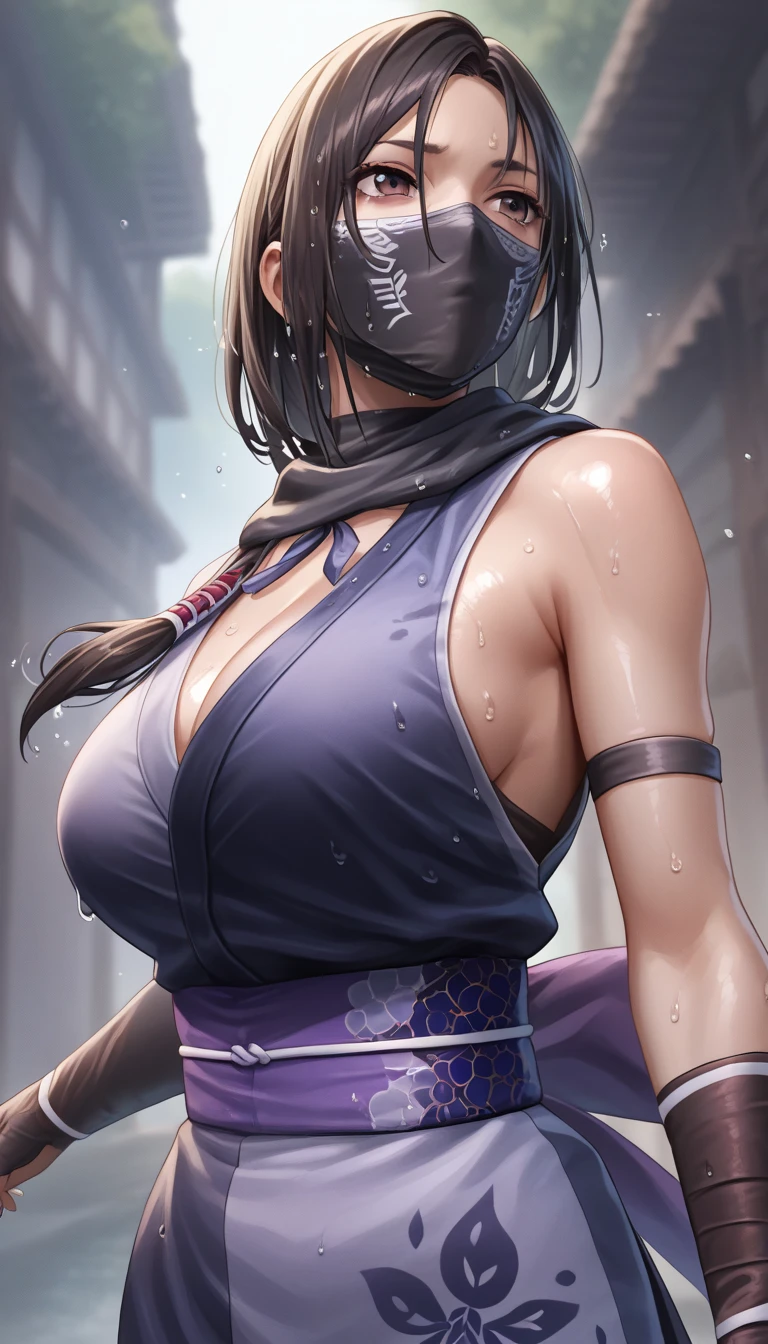 ((((Masterpiece)))), (((( top quality)))),  high definition,fine grain, detailed face ,  black mask 　 wet,Ninja, dress,  action,Big Breasted 　Bouncing Breasts　Edo on a 