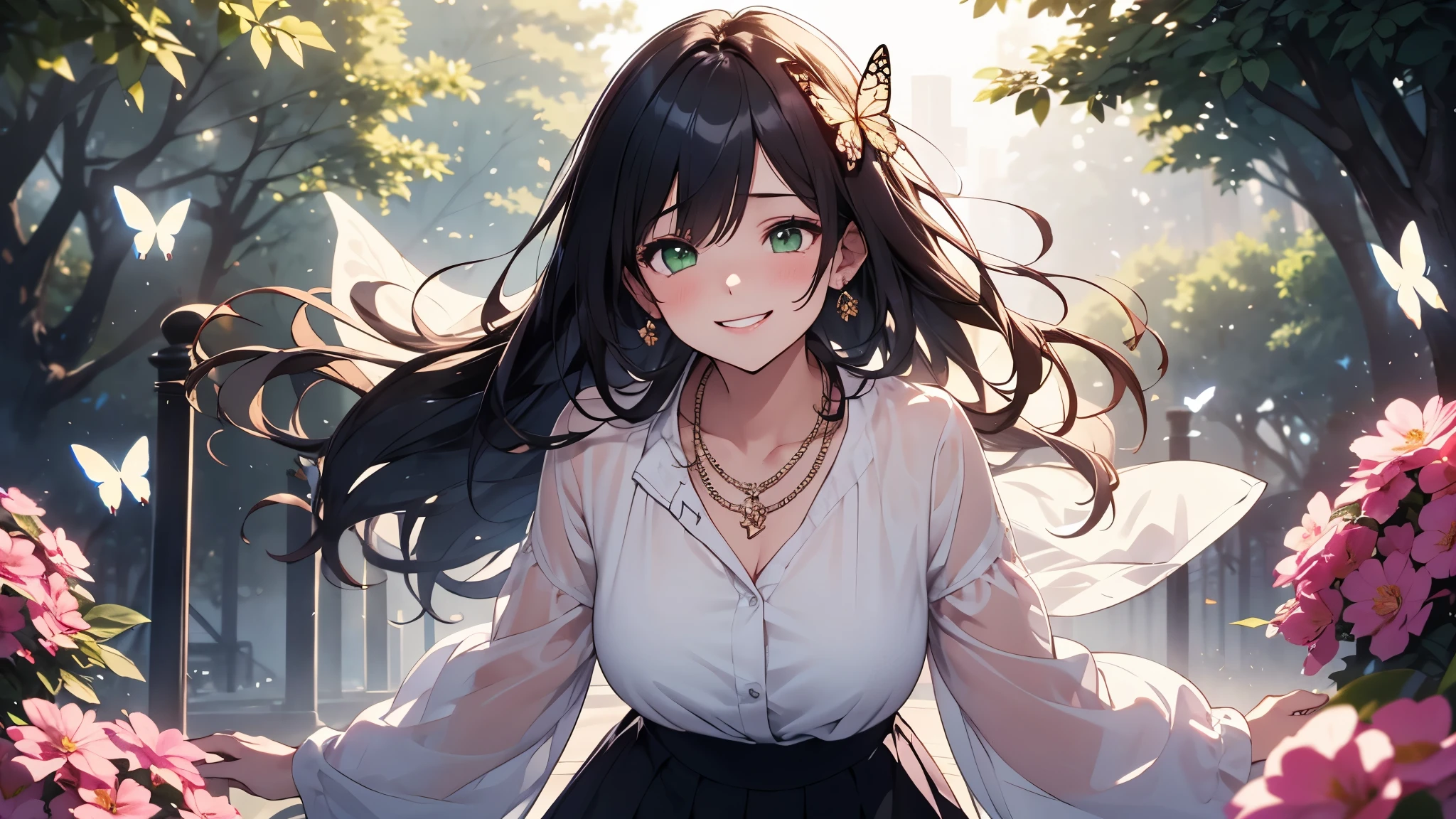 CG, Unity, 8k, wallpaper, (masterpiece), ( top quality),( from the side 1 girl :1.3),Best lighting, Complex pupil, Complex weaving, detailed background, Park, evening , sunny, upper body, touch , smile, slender, Smooth Skin, green eyes, white blouse, denim skirt, Sandals, necklace, (flower, butterfly , Sunbeam),
