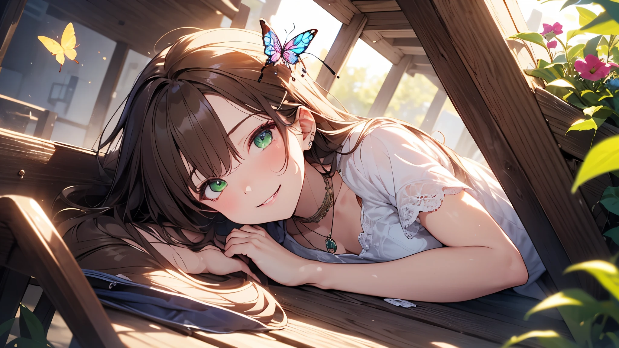 CG, Unity, 8k, wallpaper, (masterpiece), ( top quality),( from the side 1 girl :1.3),Best lighting, Complex pupil, Complex weaving, detailed background, Park, evening , sunny, upper body, touch , smile, slender, Smooth Skin, green eyes, white blouse, denim skirt, Sandals, necklace, (flower, butterfly , Sunbeam),