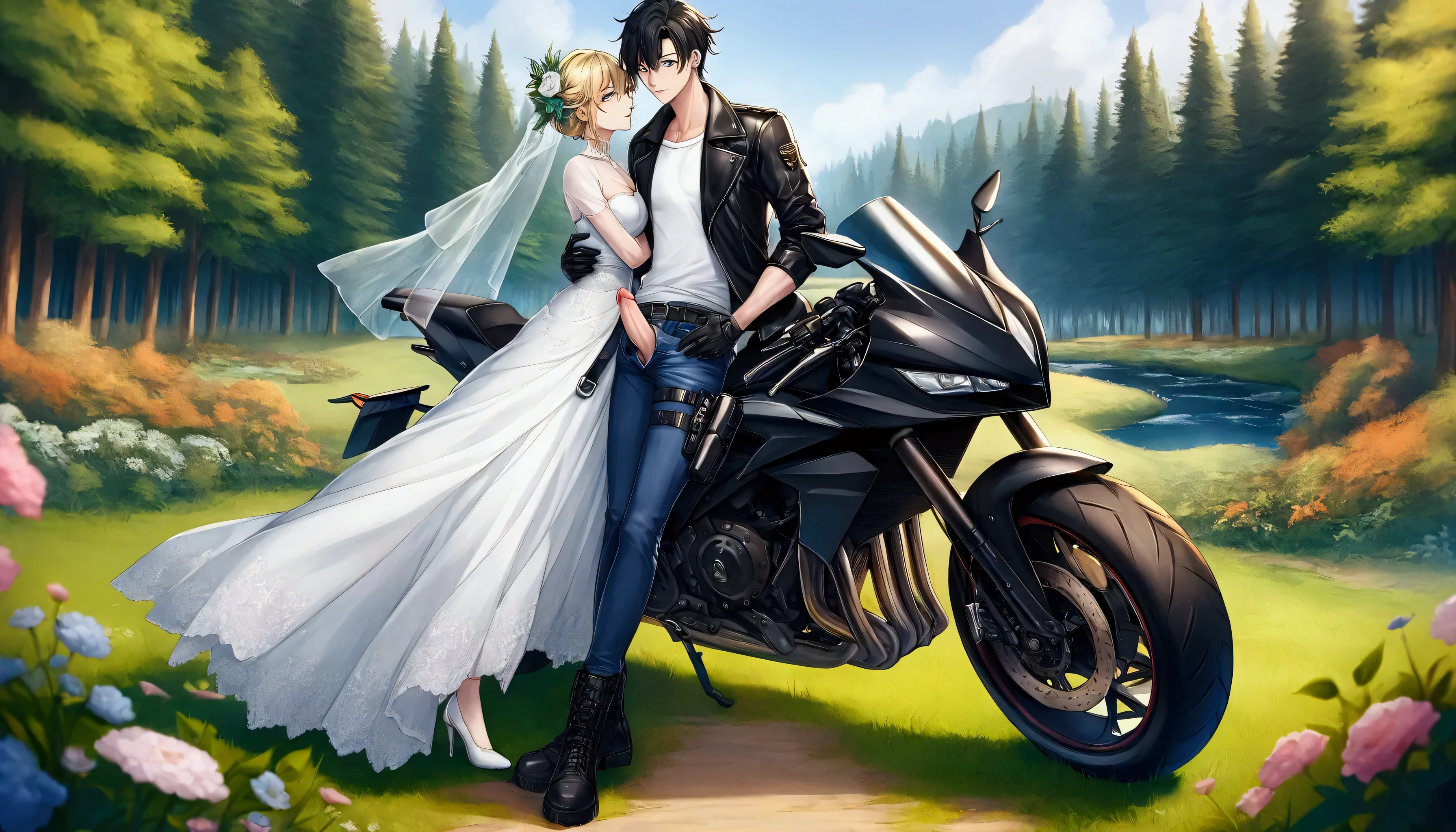 Create an image of a young man with black hair and a muscular build, wearing a white crew-neck T-shirt layered under a black leather jacket. He is dressed in blue jeans with a black leather belt, black motorcycle gloves, black combat boots, and a black thigh holster for a handgun. He is embracing a blonde-haired woman wearing a white wedding dress and white high heels. They are standing together, hugging beside a black motorcycle on a grassy field near a stream in the forest And the zipper of his pants was pulled down, revealing his erect penis. The image should be created in a detailed, colorful anime-style illustration.