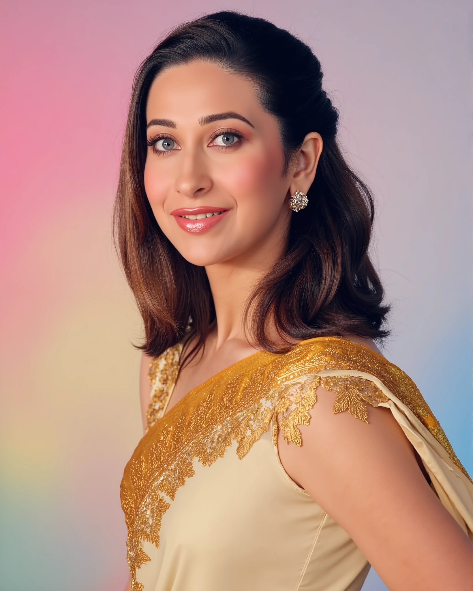 headshot photo of Karisma Kapoor woman,candid photo with natural colors, grinning expression on face,studio quality, wearing intricate conservative sleeveless Ivory Banarasi Silk Saree, straight hair, pastel shaded multicolored background, cinematic soft lighting