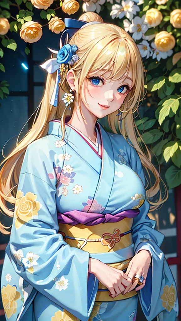 A masterpiece, ultra high definition, ultra HD quality, the most beautiful woman in history, anime, slender body, (large breasts), tall height, small face, well-balanced proportions, (shiny hair, light blonde hair:1.2), (Updo hair:1.3), (long bangs), (has beautiful shining eyes), (clear Blue eyes), (((shining highlights:1.3))), long eyelashes, pink lips, beautifully precise and delicate hand and finger creation, divine smile, (((Japanese kimono / pale blue colored furisode))), (((gorgeous floral kimono))), (yellow rose accessory:1.2), ((Hairpin)), (small earrings, ring), upper body, beautiful standing posture like a fashion model, Japanese shrine, torii gate
