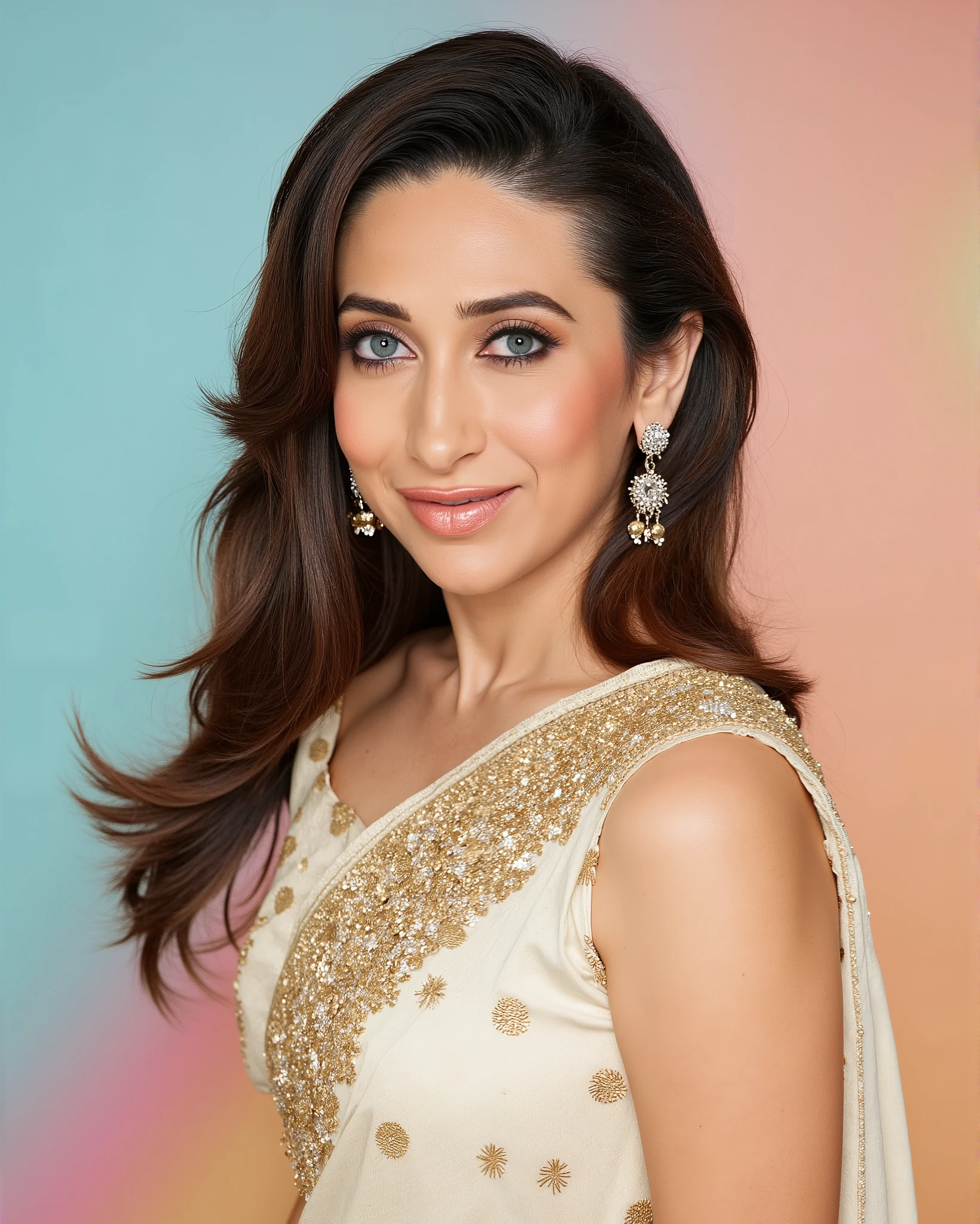 headshot photo of Karisma Kapoor woman,candid photo with natural colors, grinning expression on face,studio quality, wearing intricate conservative sleeveless Ivory Banarasi Silk Saree, straight hair, pastel shaded multicolored background, cinematic soft lighting