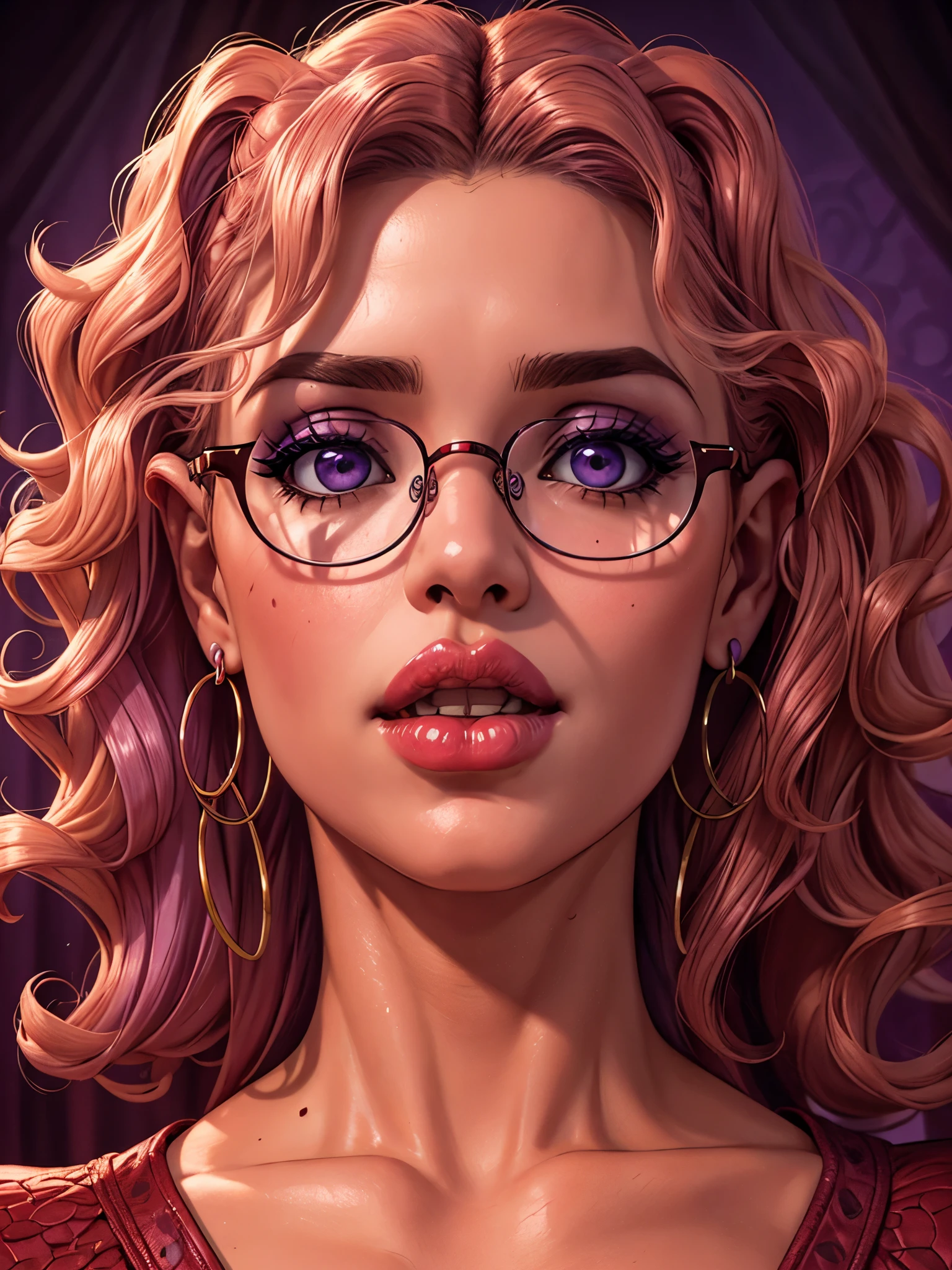 Slightly curly hair, rimless glasses, small spots under the corners of the mouth, / note lilac earrings, slightly closed mouth, red lips, surrealism, high detail, strong chiaroscuro, film graininess, panorama, ultra high-definition, precise, textured skin.