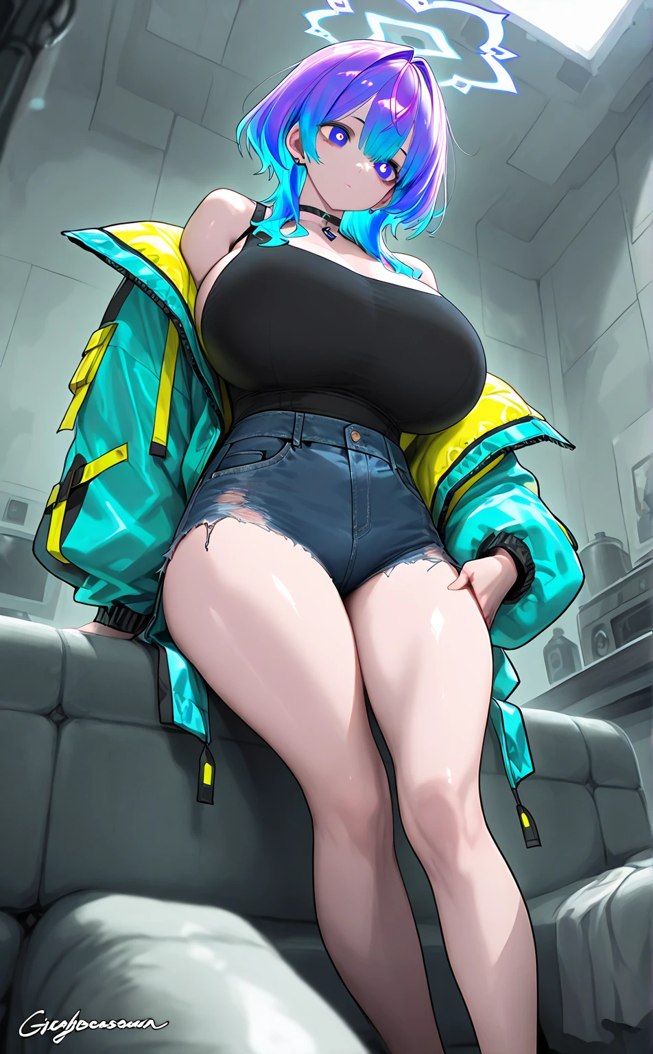 1 girl , solo, gorgeous woman,black semi tranparent tank top, denim shorts , bright violet eyes, multi colored hair from violet to sky blue , large baggie yellow jacket with dark blue lining , huge breasts , large thighs