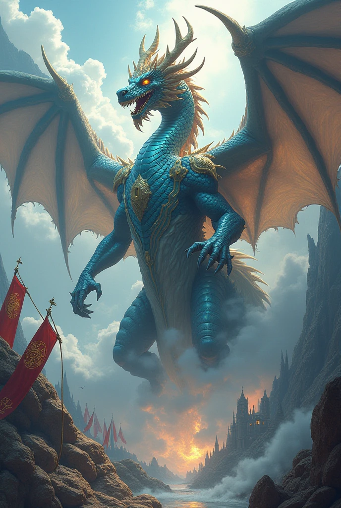 there is a large blue dragon statue on top of a building, blue dragon, dragon pope, jesus riding a dragon, a majestic gothic dragon, colorful warcraft architecture, colossal dragon in background, warcraft architecture, alien church, blue scaled dragon, i just saw a huge dragon, god of dragons, hyperrealistic d & d fantasy art, dragon art, dragon centered
