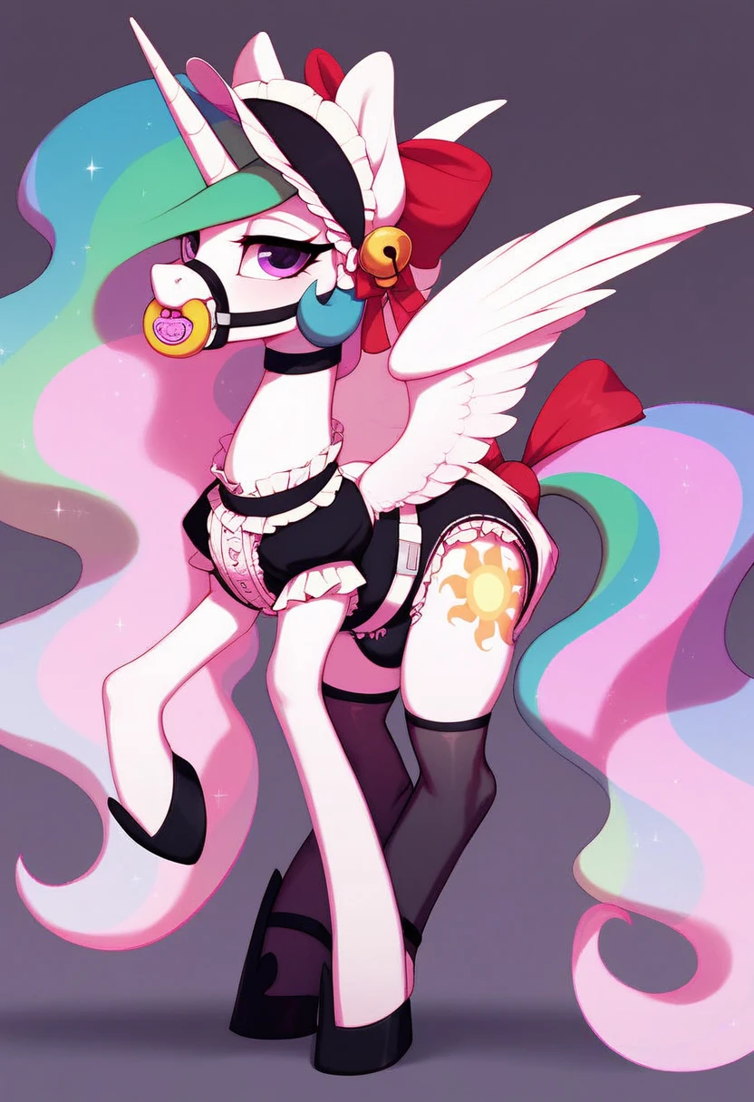 alicorn pony alone ,  on two hooves , Princess Celestia,  on top of them, most of the mane is wrapped in a dark light bonnet with white trim on the edges , there is a small pigtail on the back with two bows ,  purple eyes , stands on four hooves ,  wide open back hooves ,  dressed in an elaborate formal black and white maid outfit with ruffles and ruffles and a short skirt,  on the neck there is a steel collar with a purple tint and a bell ,  white stockings and black booties over hoof socks ,  big white pacifier mouth gag with straps , thick diaper under clothes,  black plastic panties with a white steel belt , solo,  simple background.