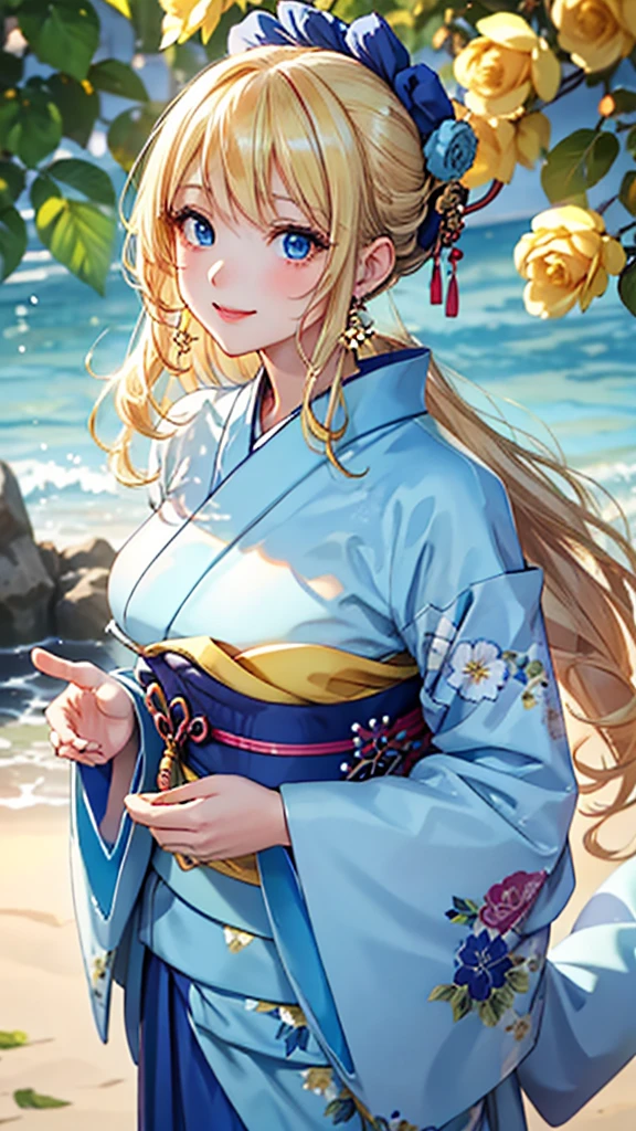 A masterpiece, ultra high definition, ultra HD quality, the most beautiful woman in history, anime, slender body, (large breasts), tall height, small face, well-balanced proportions, (shiny hair, light blonde hair:1.2), (Updo hair:1.3), (long bangs), (has beautiful shining eyes), (clear Blue eyes), (((shining highlights:1.3))), long eyelashes, pink lips, beautifully precise and delicate hand and finger creation, divine smile, (((Japanese kimono / pale blue colored furisode))), (((gorgeous floral kimono))), (yellow rose accessory:1.2), ((Hairpin)), (small earrings, ring), upper body, beautiful standing posture like a fashion model, Japanese shrine, torii gate
