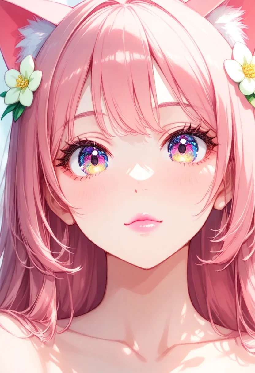 Lovely and gentle beauty ,  delicate sexy collarbone ,   charming goose egg face ,  double eyelid ,  smart peach flower eyes,  pink lips, Small upturned nose, Bare shoulders,  focused face ,  face close-up, ,  more details,  full body photo, Ultra-thin and transparent,  pink hair、Optimal ratio、 4 fingers and 1 thumb on the book arm , cat ears