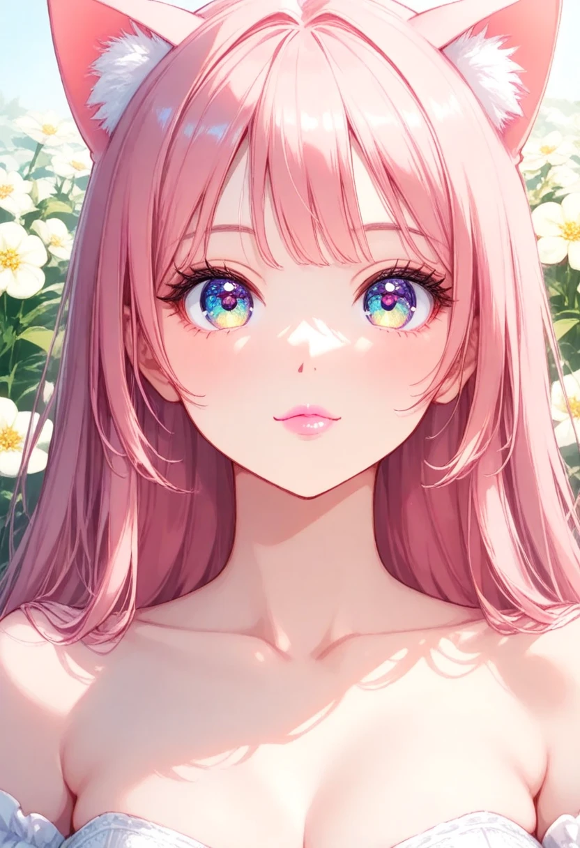 Lovely and gentle beauty ,  delicate sexy collarbone ,   charming goose egg face ,  double eyelid ,  smart peach flower eyes,  pink lips, Small upturned nose, Bare shoulders,  focused face ,  face close-up, ,  more details,  full body photo, Ultra-thin and transparent,  pink hair、Optimal ratio、 4 fingers and 1 thumb on the book arm , cat ears