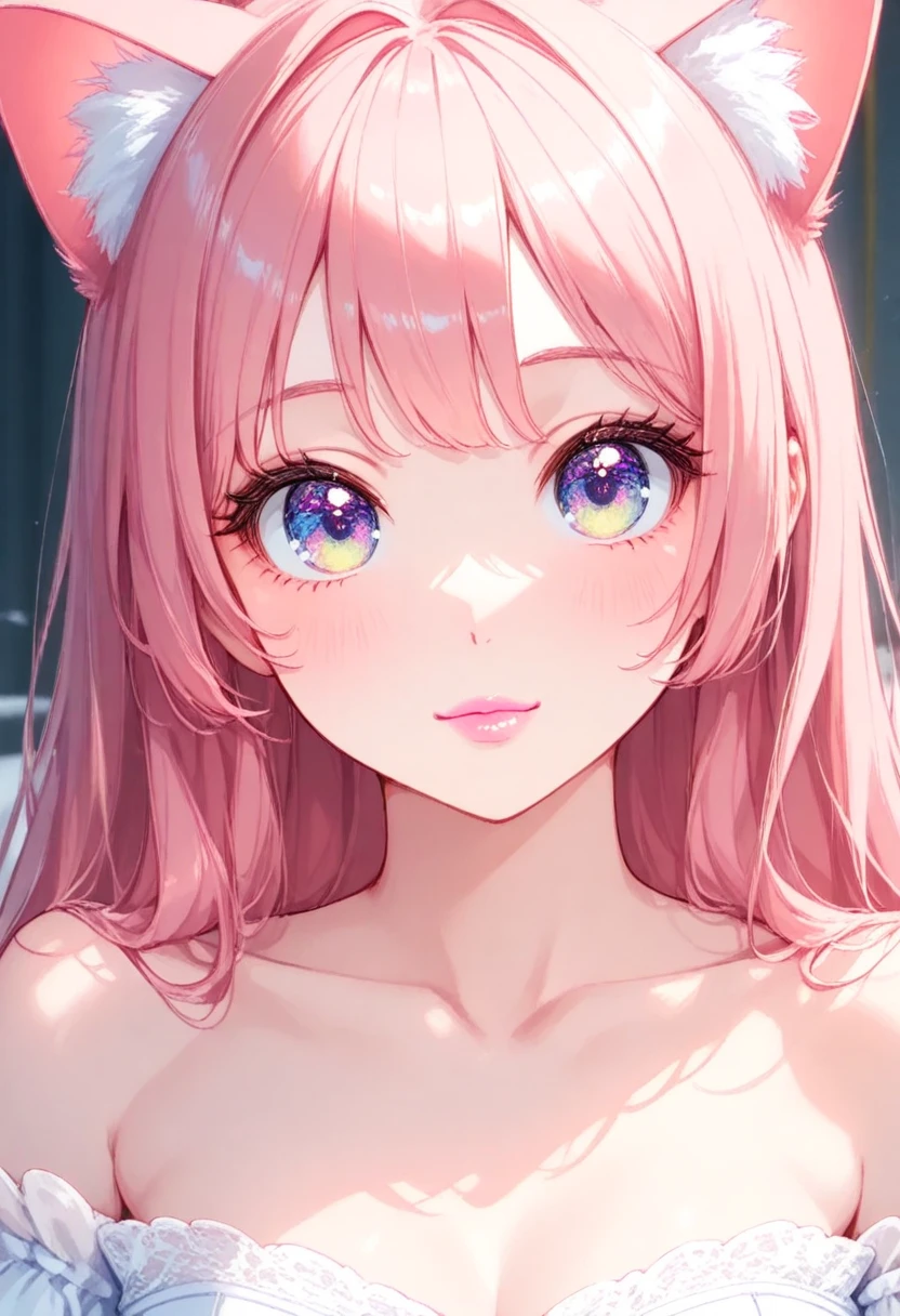 Lovely and gentle beauty ,  delicate sexy collarbone ,   charming goose egg face ,  double eyelid ,  smart peach flower eyes,  pink lips, Small upturned nose, Bare shoulders,  focused face ,  face close-up, ,  more details,  full body photo, Ultra-thin and transparent,  pink hair、Optimal ratio、 4 fingers and 1 thumb on the book arm , cat ears