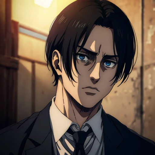 (best quality,4k,8k,highres,masterpiece:1.2),ultra-detailed,(realistic,photorealistic,photo-realistic:1.37), young male , mappa art style,  heart-shaped face,  dark blue eyes detailed, dark  hair with best hairstyle, he is slim, he looks handsome, sharp jawline, he is wearing grey suit, vibrant color, "Levi Ackerman from Attack on Titan Season 4, portrayed in a solemn and intense demeanor. His appearance includes short black hair, tired gray eyes with visible dark circles